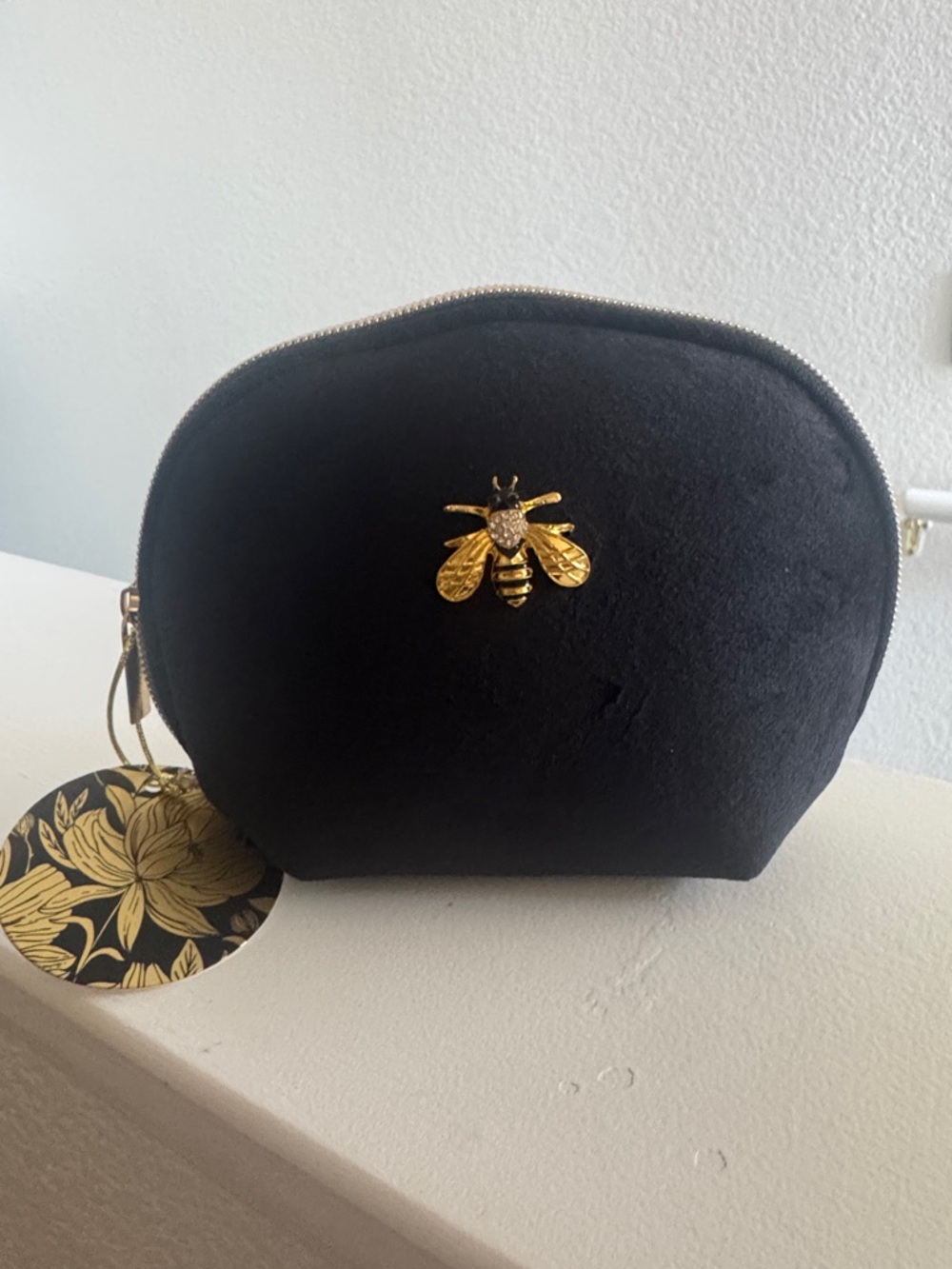 Punch Studio Black Velvet Cosmetic Pouch with Gold Bee Accent